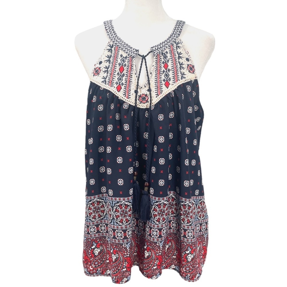 Altar’d State Sleeveless Boho Print Sleeveless Top, Navy/Red/Cream, Size S